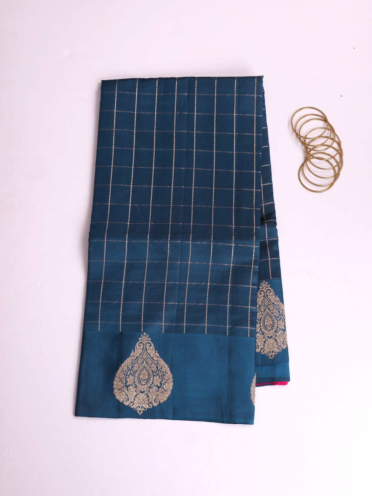 Peacock Blue Zari Checked Mashru Silk Saree With Satin Border