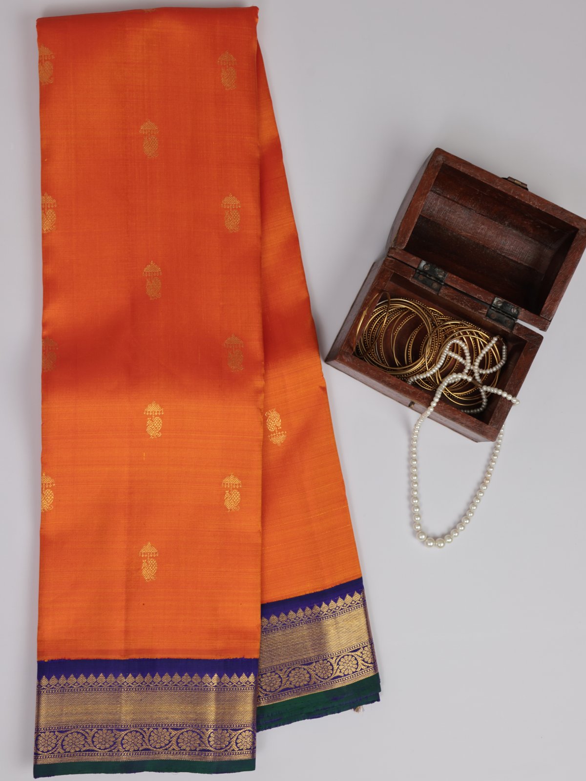 Yellowish Orange Kanjeevaram Silk Saree With Violet Border