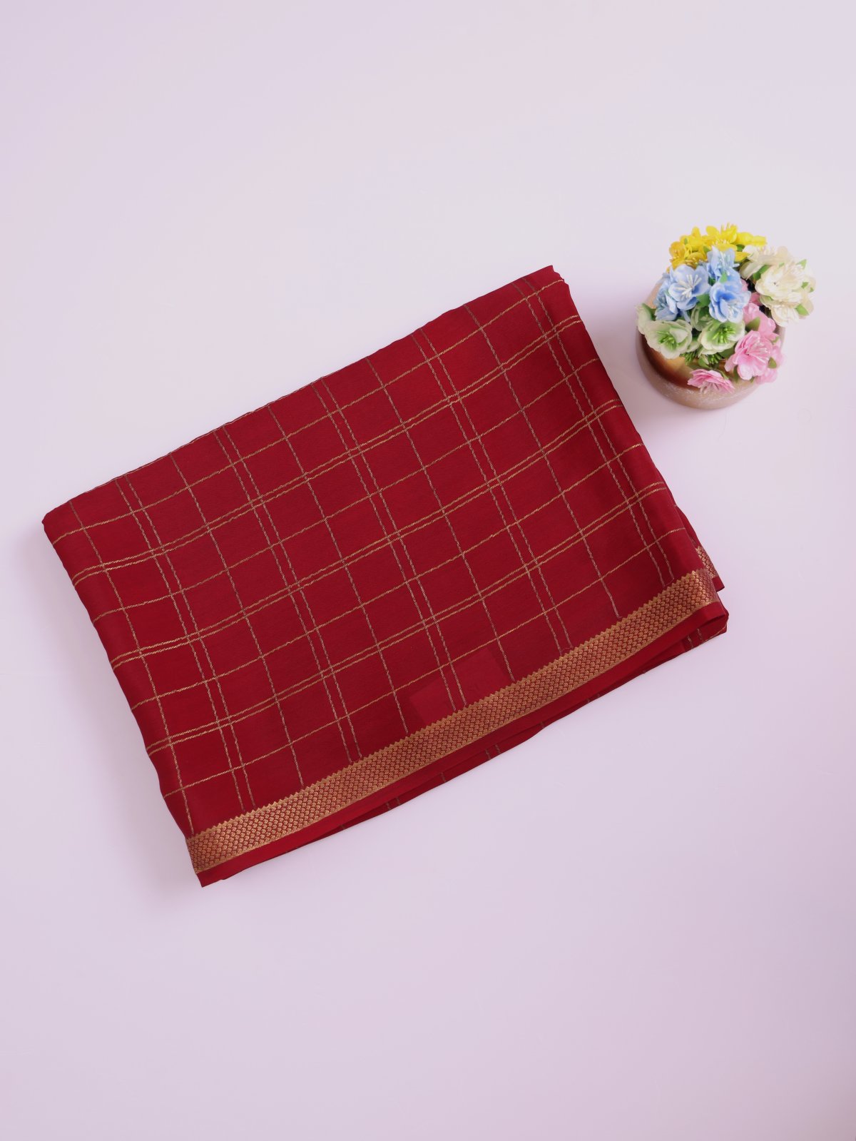 Dark Red Checked Mysore Crepe Silk Saree