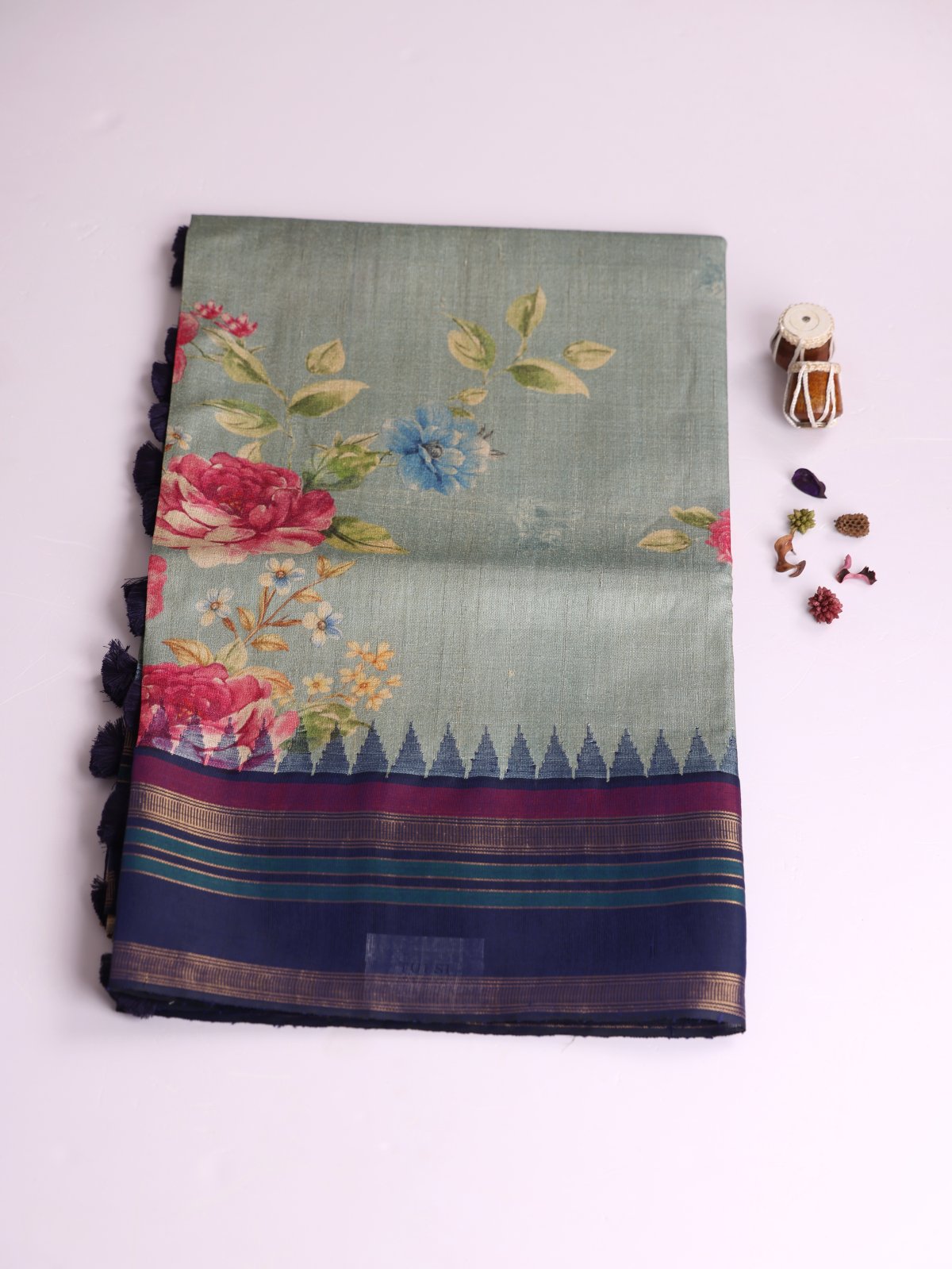 Dusty Bluish Green Printed Tussar Silk Saree With Navy Blue Border