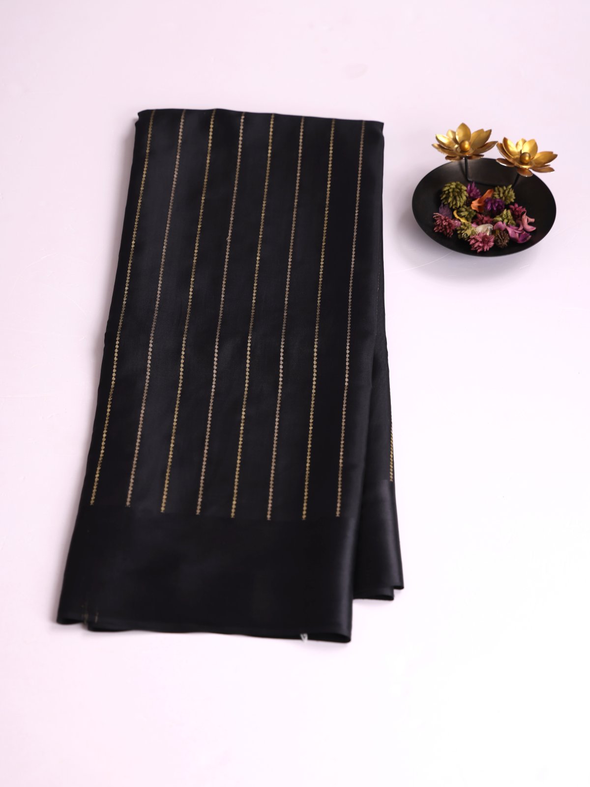 Black Zari Striped Mysore Silk Saree With Satin Border