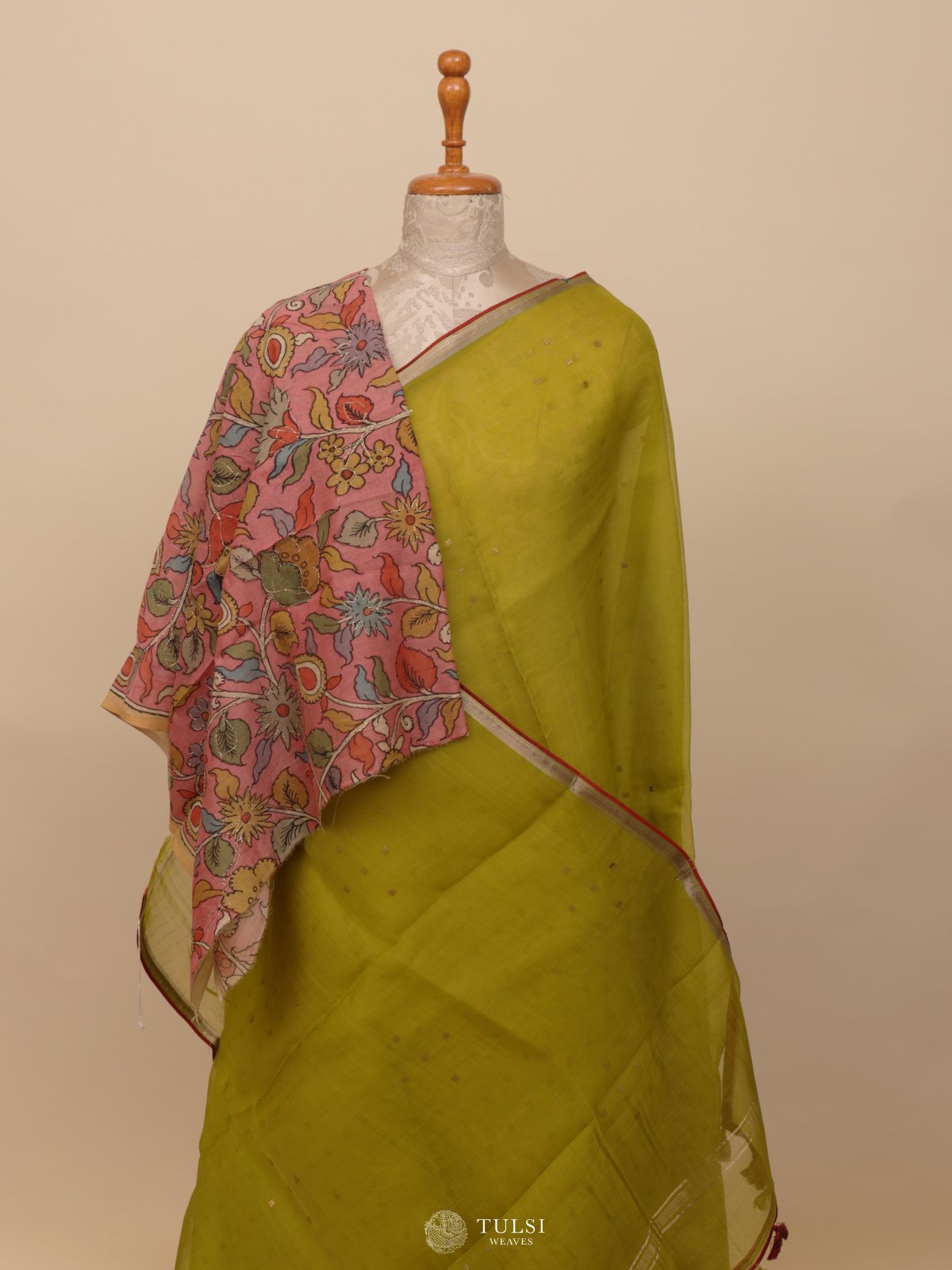 Mehndi Green Organza Saree With Kalamkari Blouse