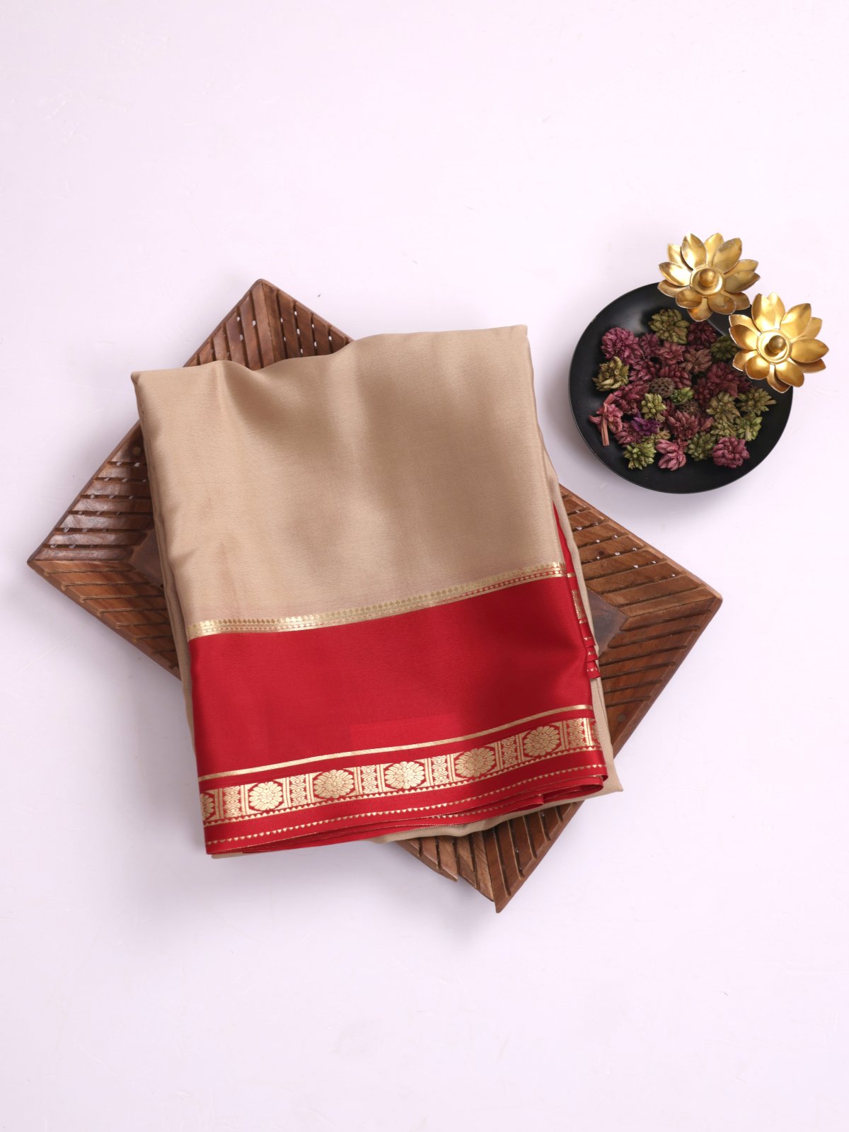 Khaki Mysore Crepe Silk Saree With Red Border 