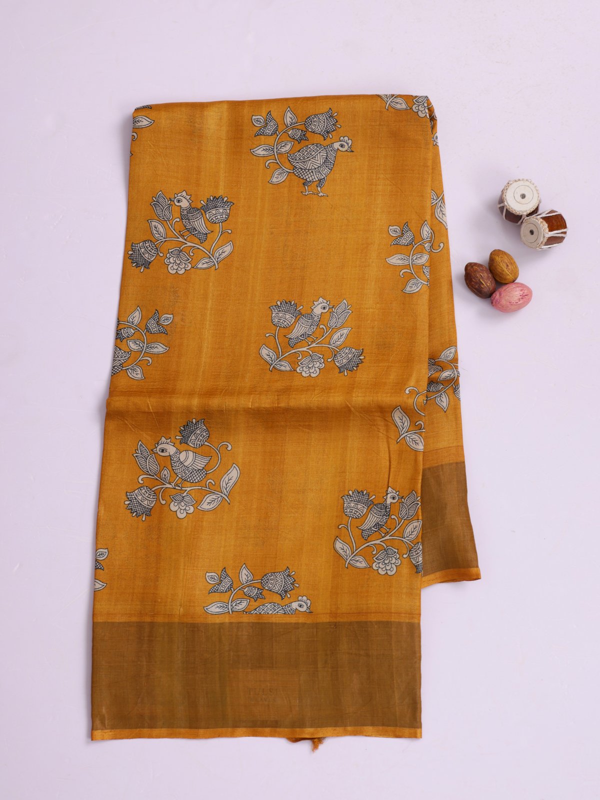 Mustard Yellow Printed Tussar Silk Saree With Tissue Border