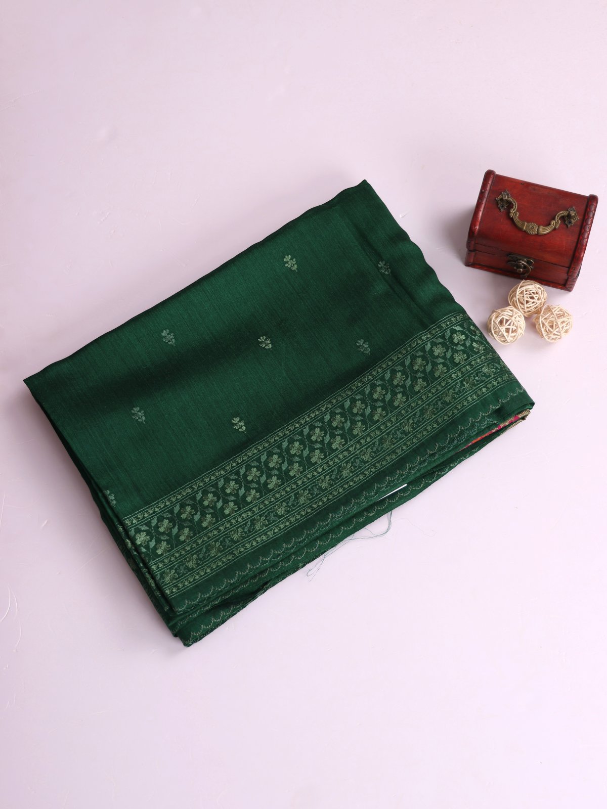 Dark Green Embroidered Munga Tussar Silk Saree