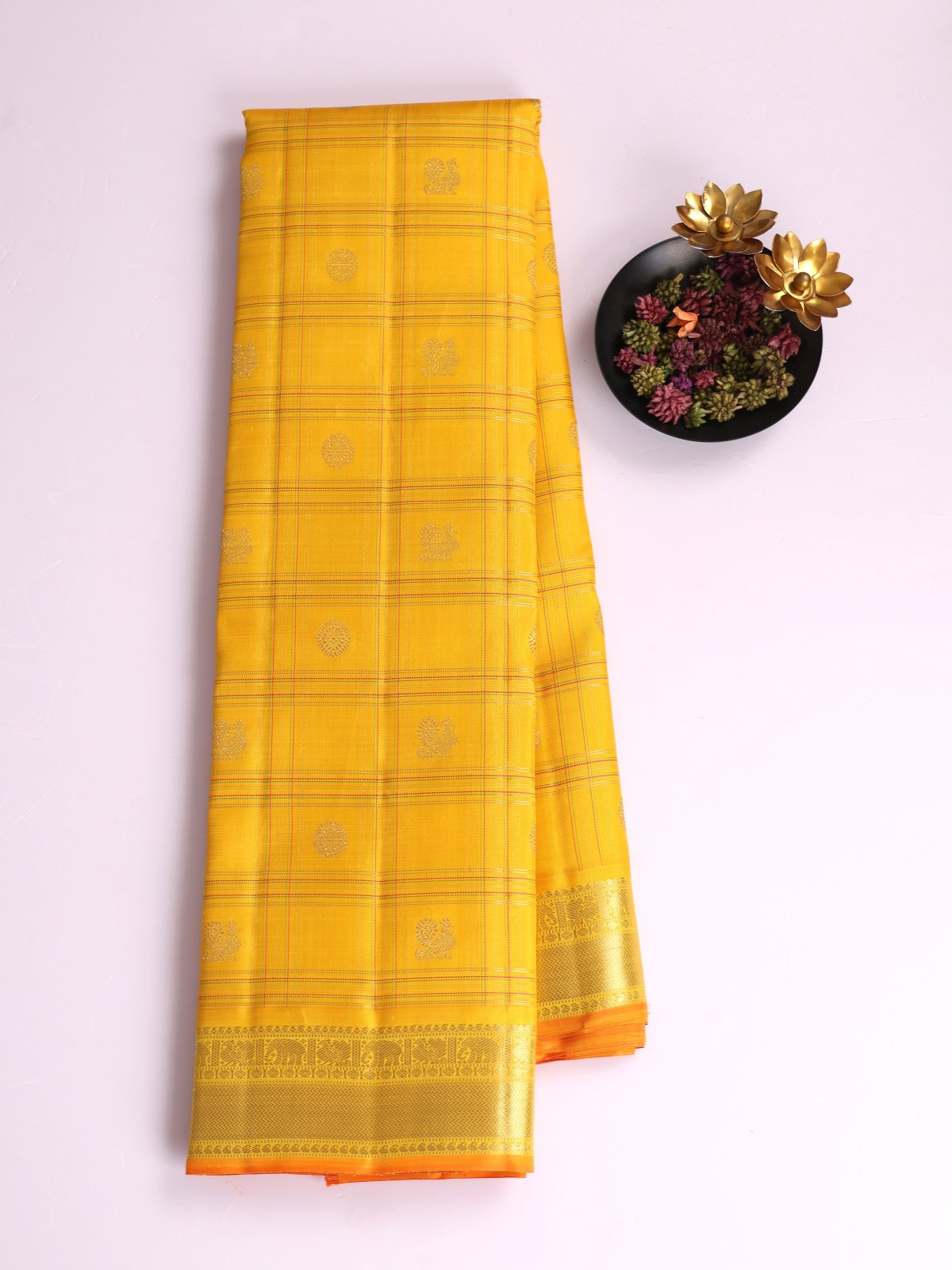 Yellow Zari Checked Kanjeevaram Silk Saree With Zari Border