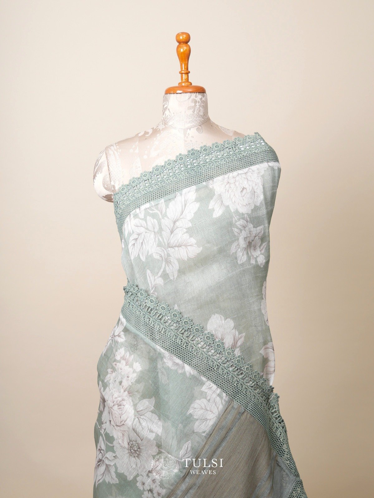 Sage Green Printed Linen Silk Saree with Lace Border