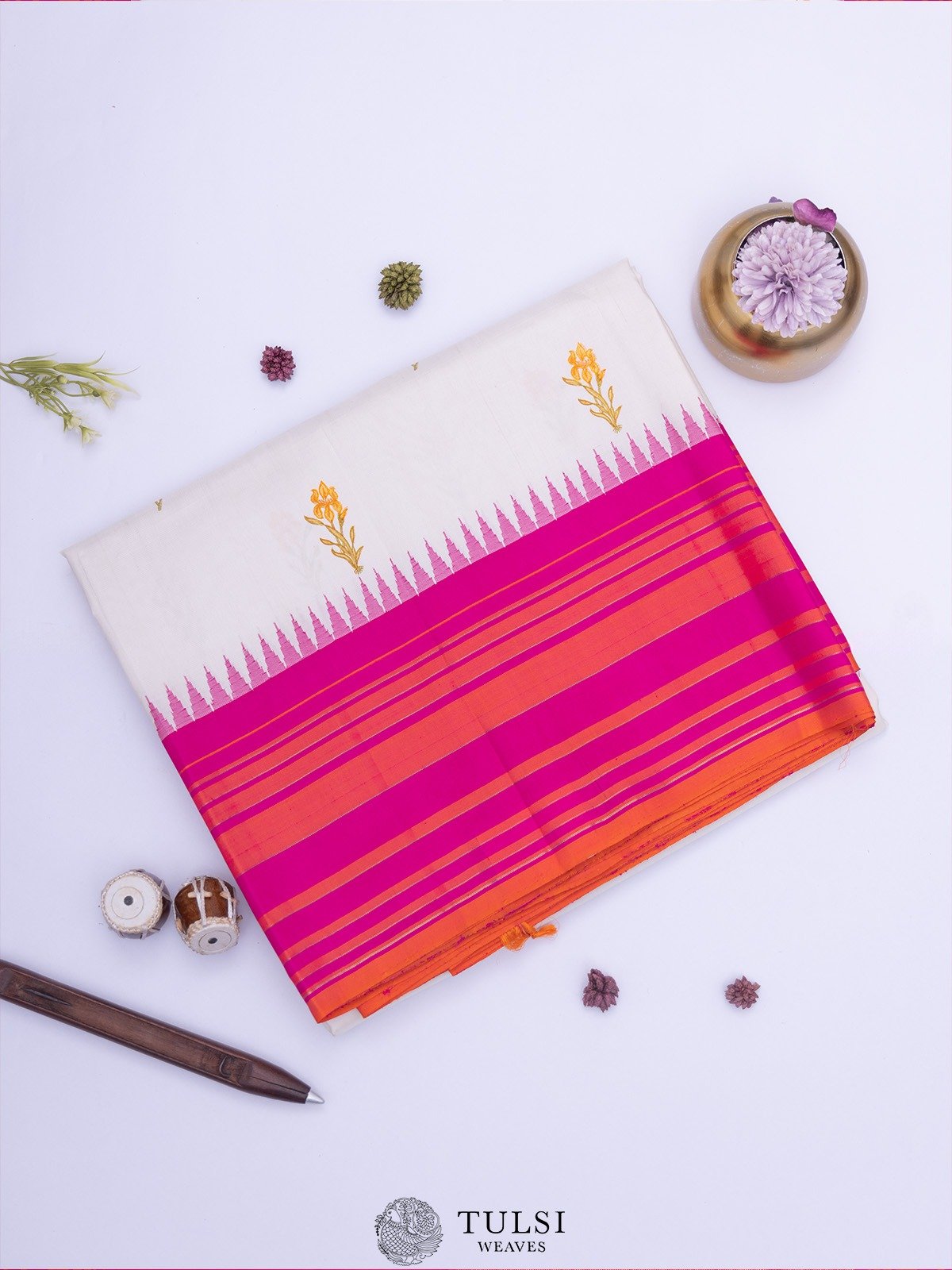 Off-White Blockprint Kanjeevaram Silk Saree with Striped Border