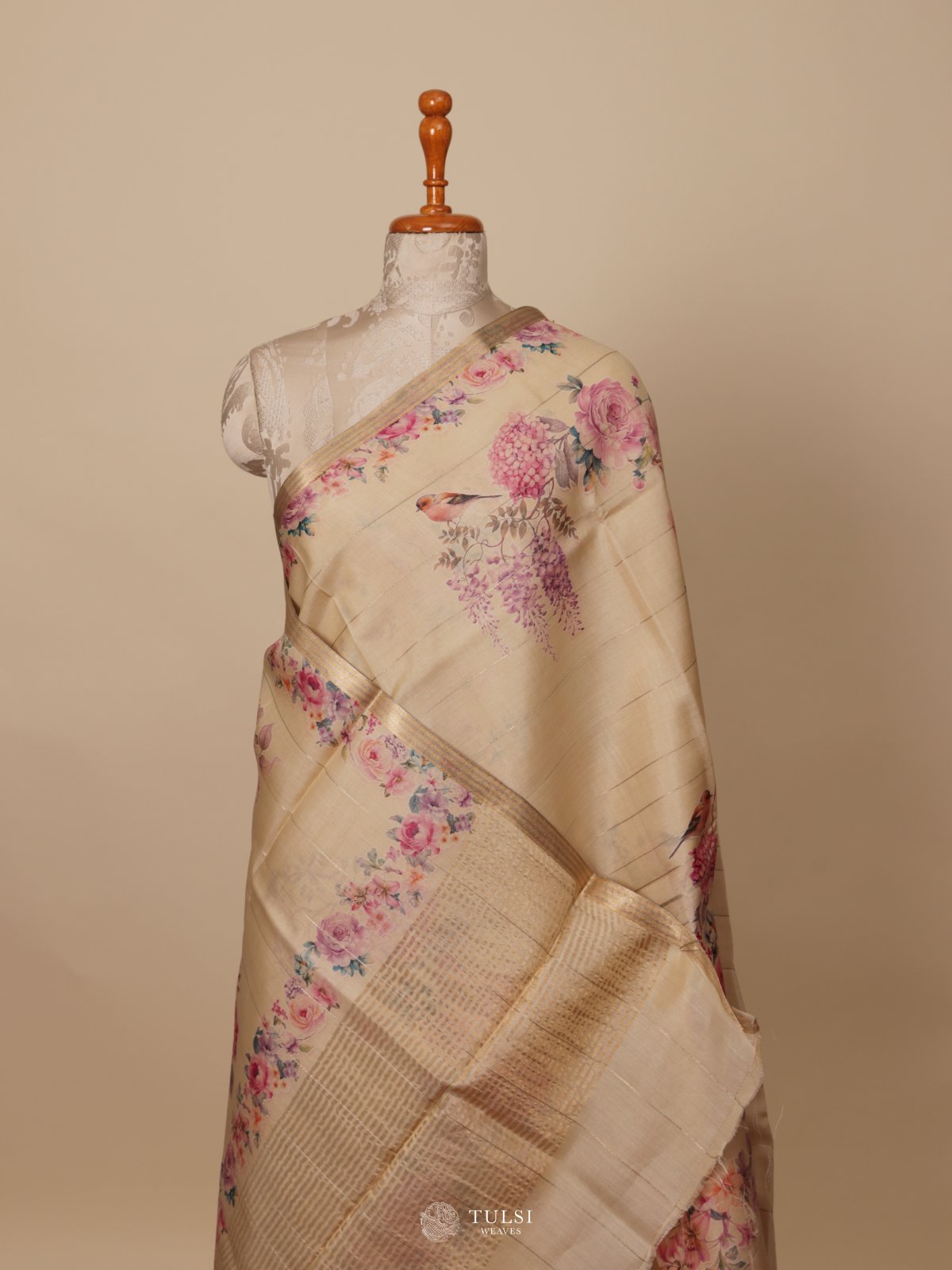 Cream Printed Tussar Silk Saree