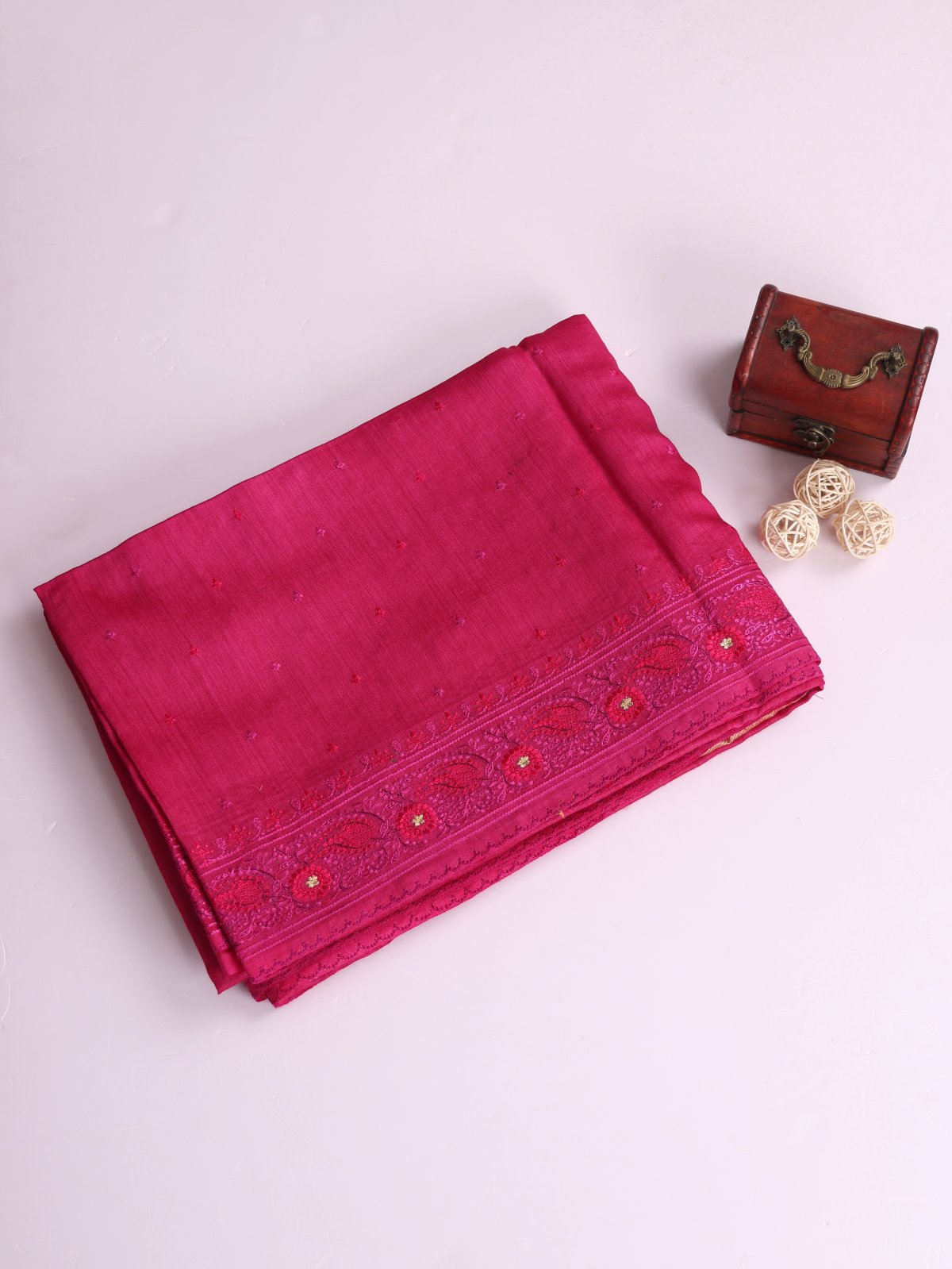 Rani Pink Embroidered Munga Tussar Silk Saree