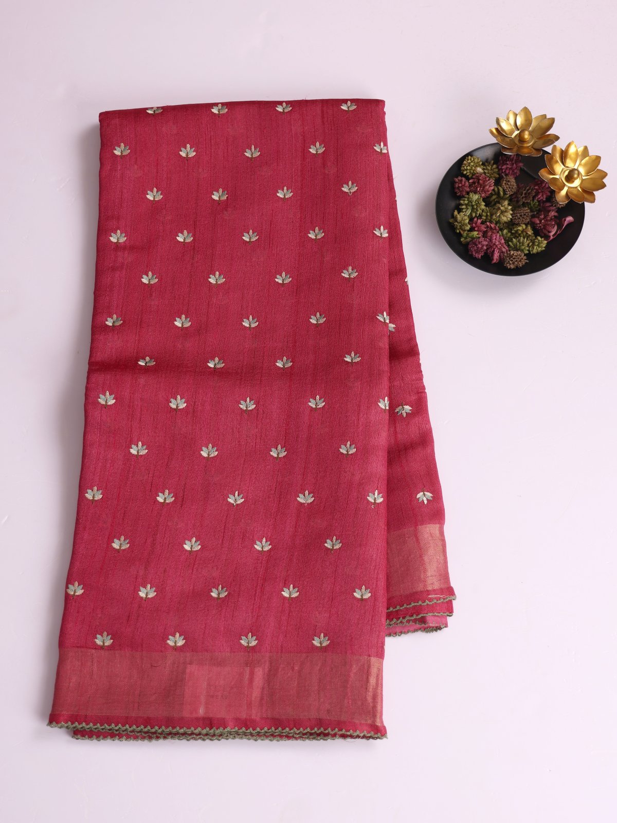 Reddish Pink Embroidered Tussar Silk Saree