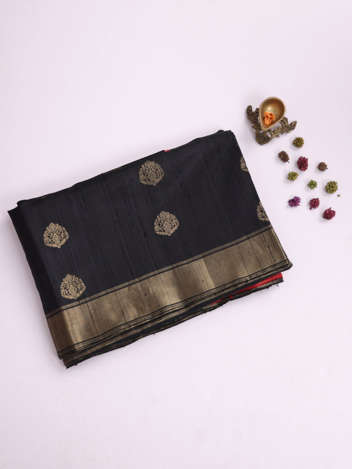 Black Raw Silk Saree with Zari Border