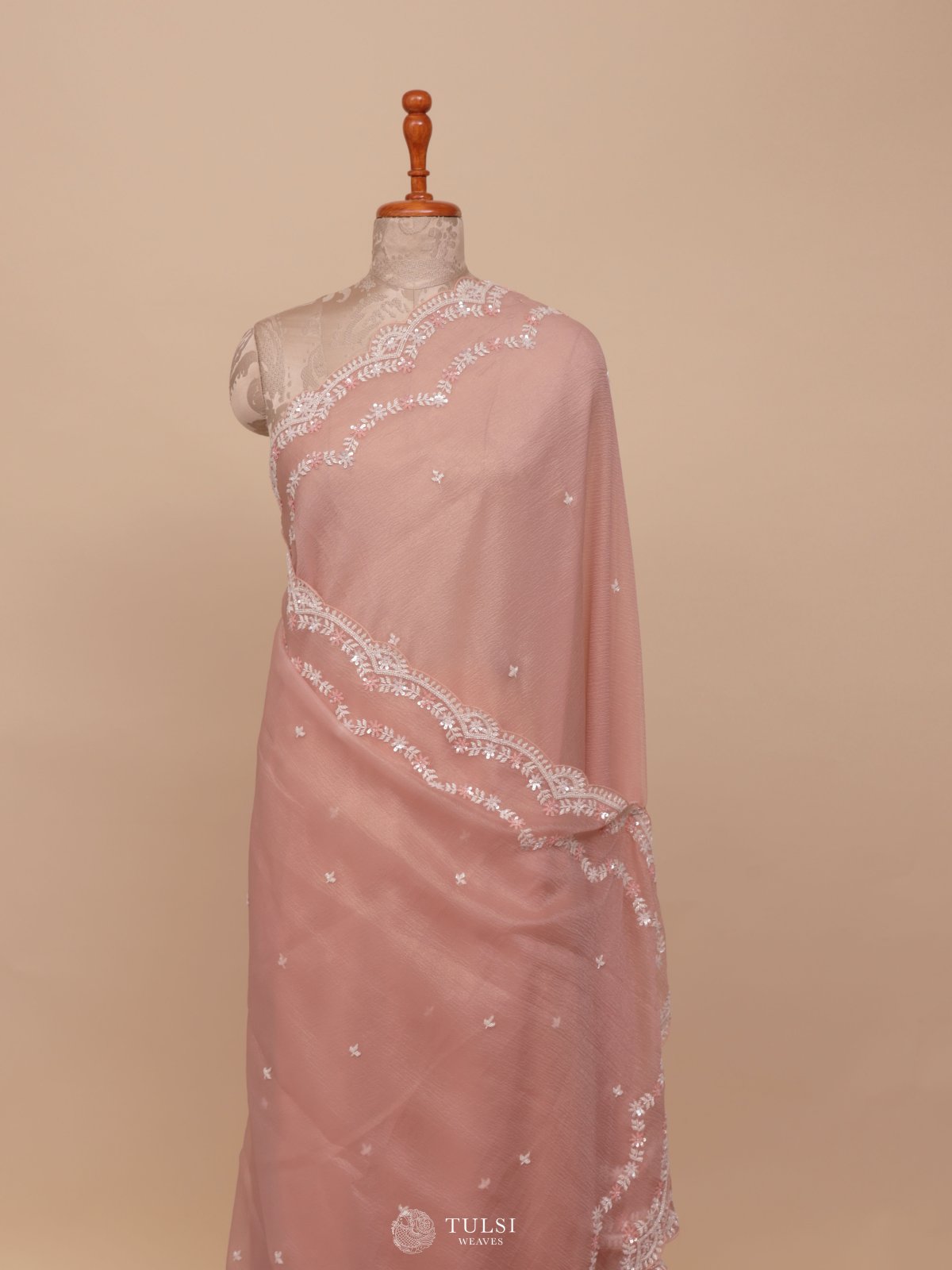 Peach Crushed Georgette Silk Saree