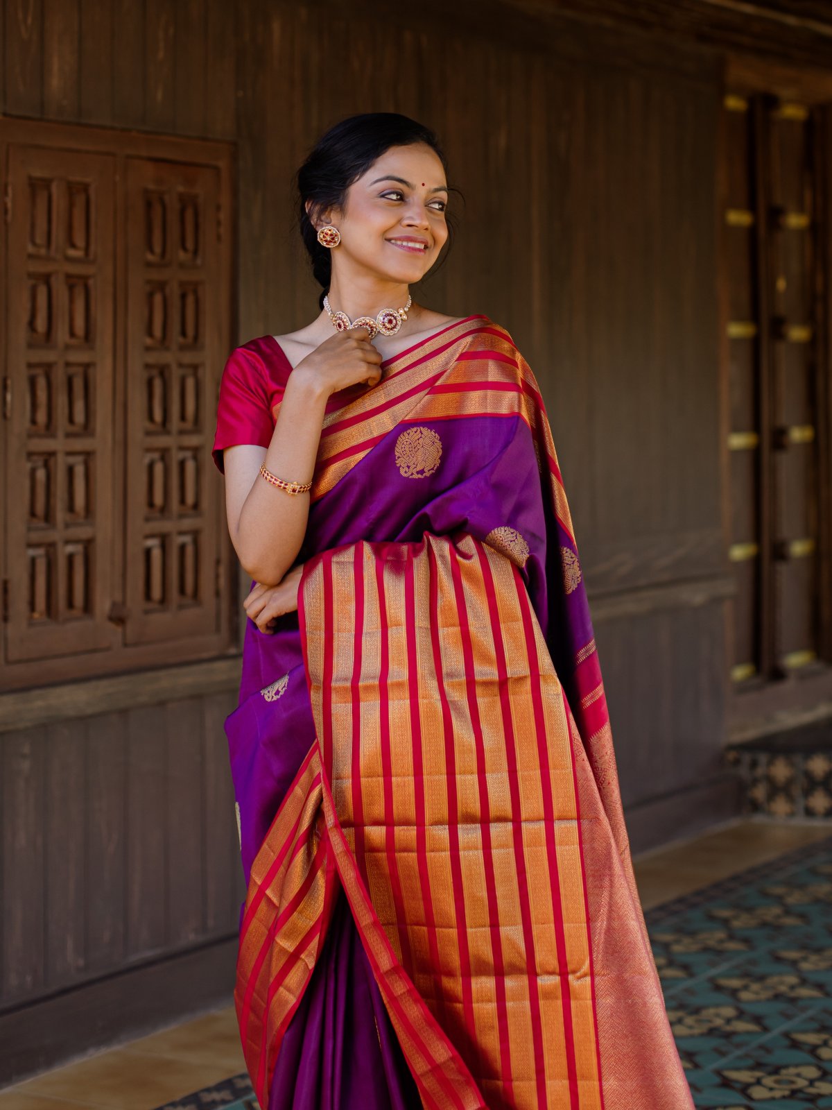 Handwoven Purple Kanjeevaram Silk Saree With Red Border