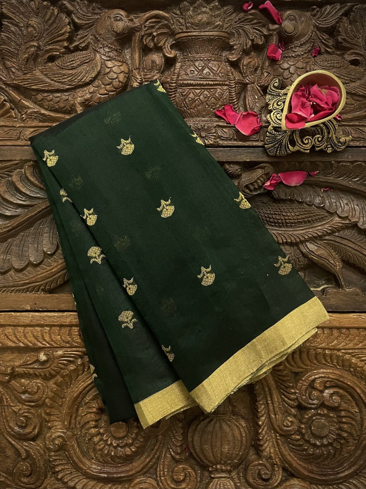 Bottle Green Chanderi Silk Blouse With Gold Zari Floral Motifs
