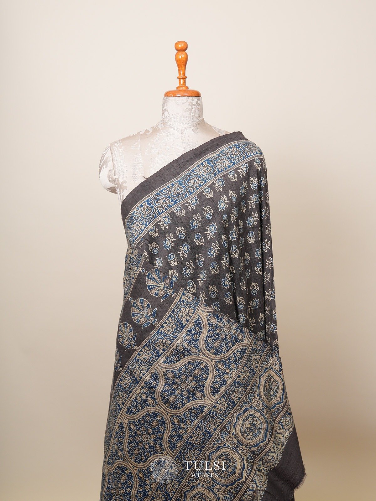 Dark Brownish Grey Tussar Ajrakh silk saree