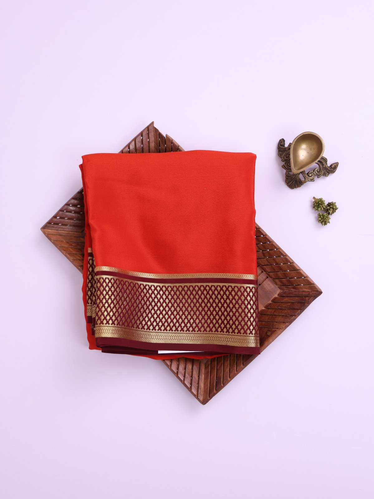 Deep Orange Mysore Silk Saree with Brown Zari Border