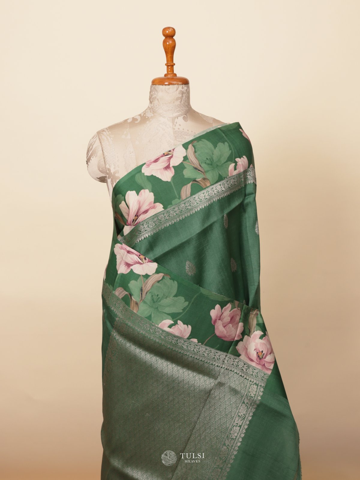 Green Banaras Tussar Georgette Silk Saree With Satin Border