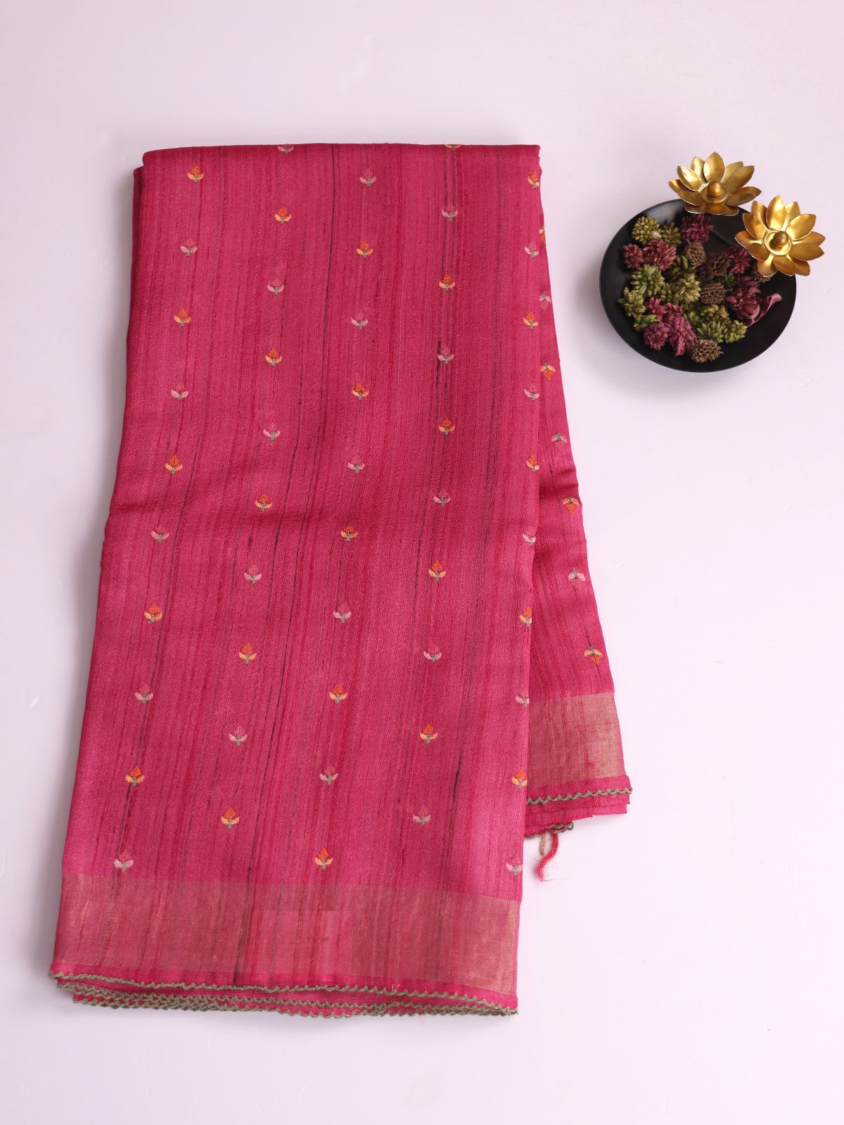Pink Embroidered Tussar Silk Saree