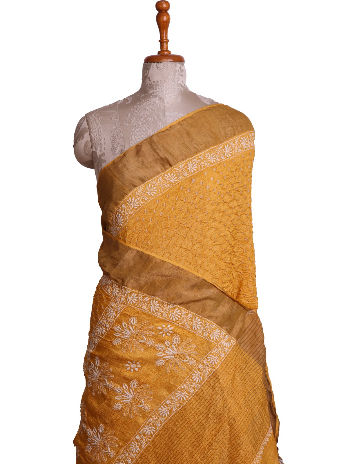 Yellow Bandhini Silk Saree With Chikankari Embroidery