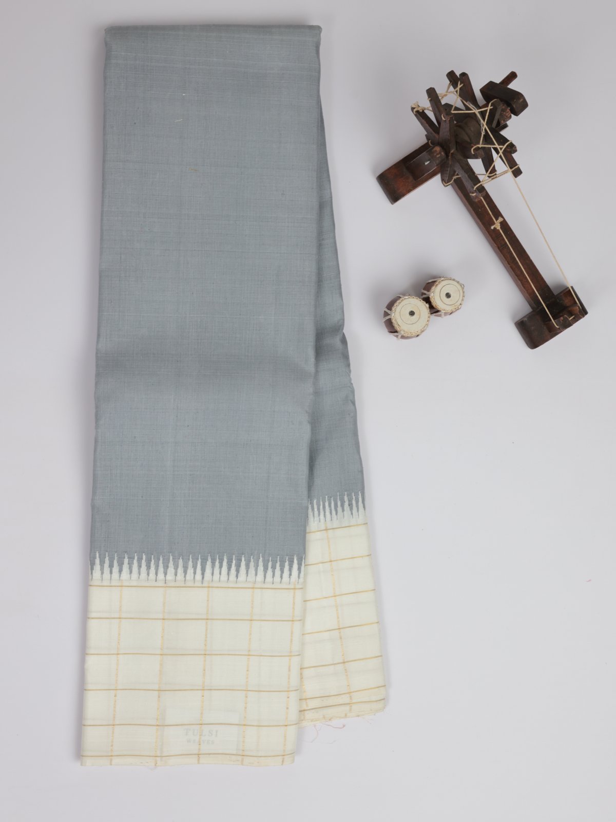 Grey Linen Kanjeevaram  Saree With White Zari Checked Border