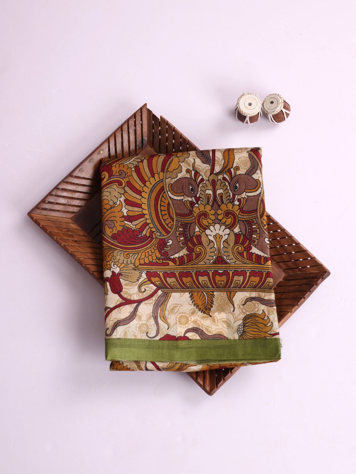 Beige Printed Tussar Silk Saree With Olive Green Border