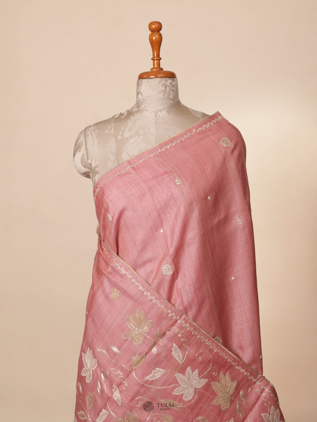 Pink Tussar Silk Saree with Applique Work