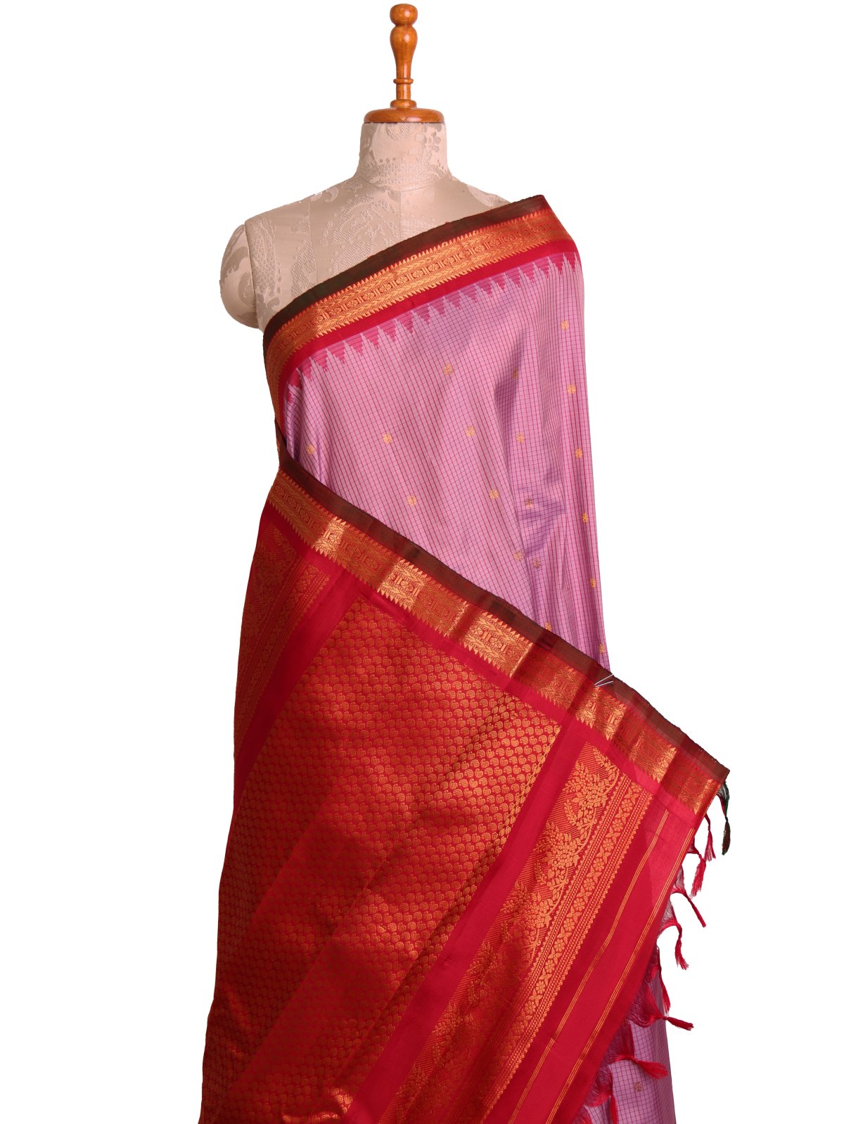 Lavender Checked Gadwal Silk Saree With Red Border