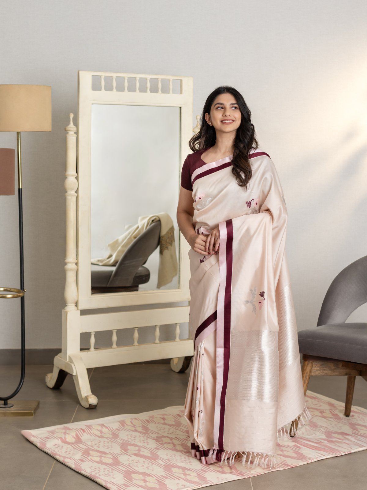 Light Pink Mashru Silk saree with Striped border