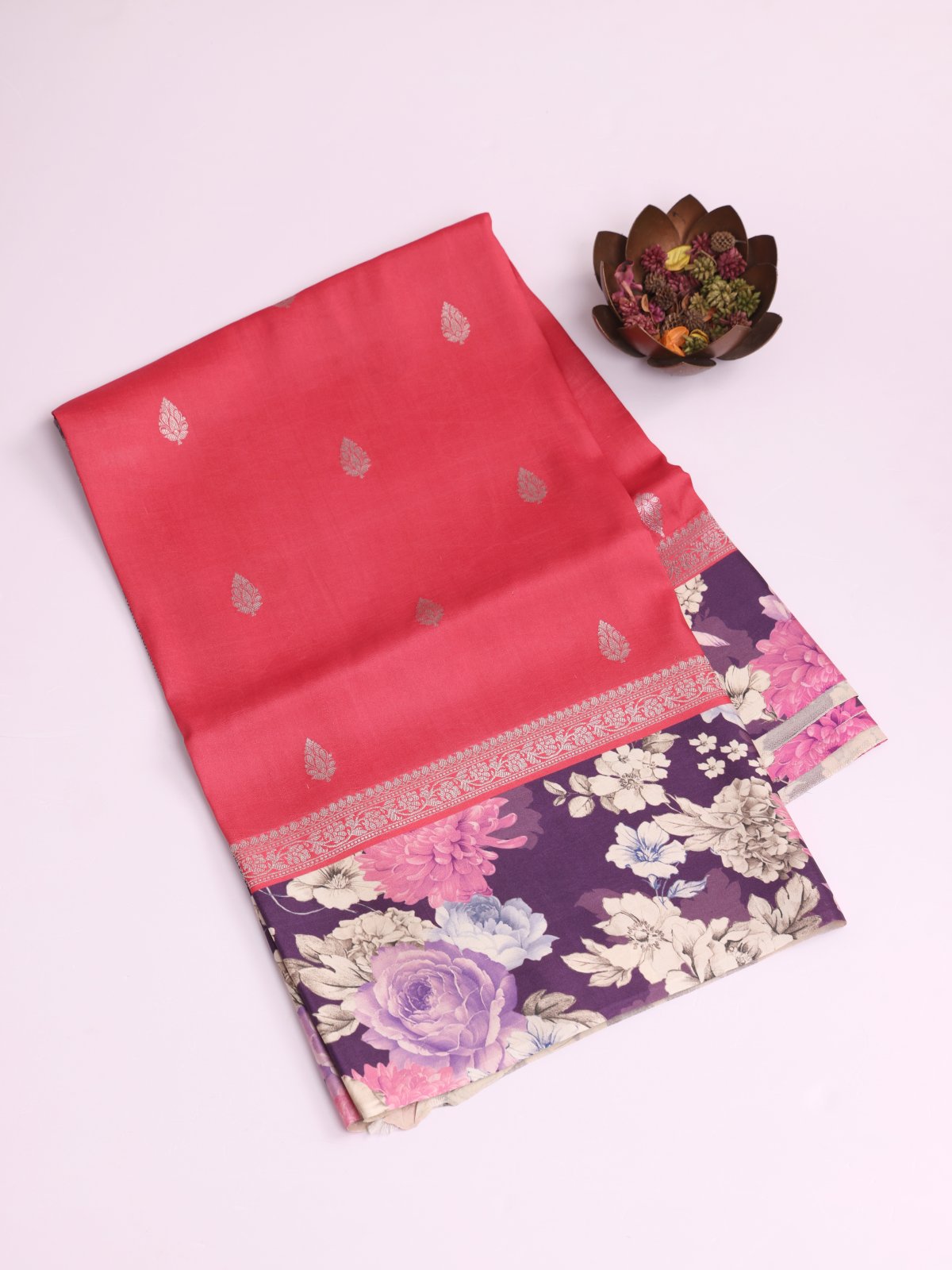 Coral Pink Banaras Tussar Georgette Silk Saree With Printed Purple Border