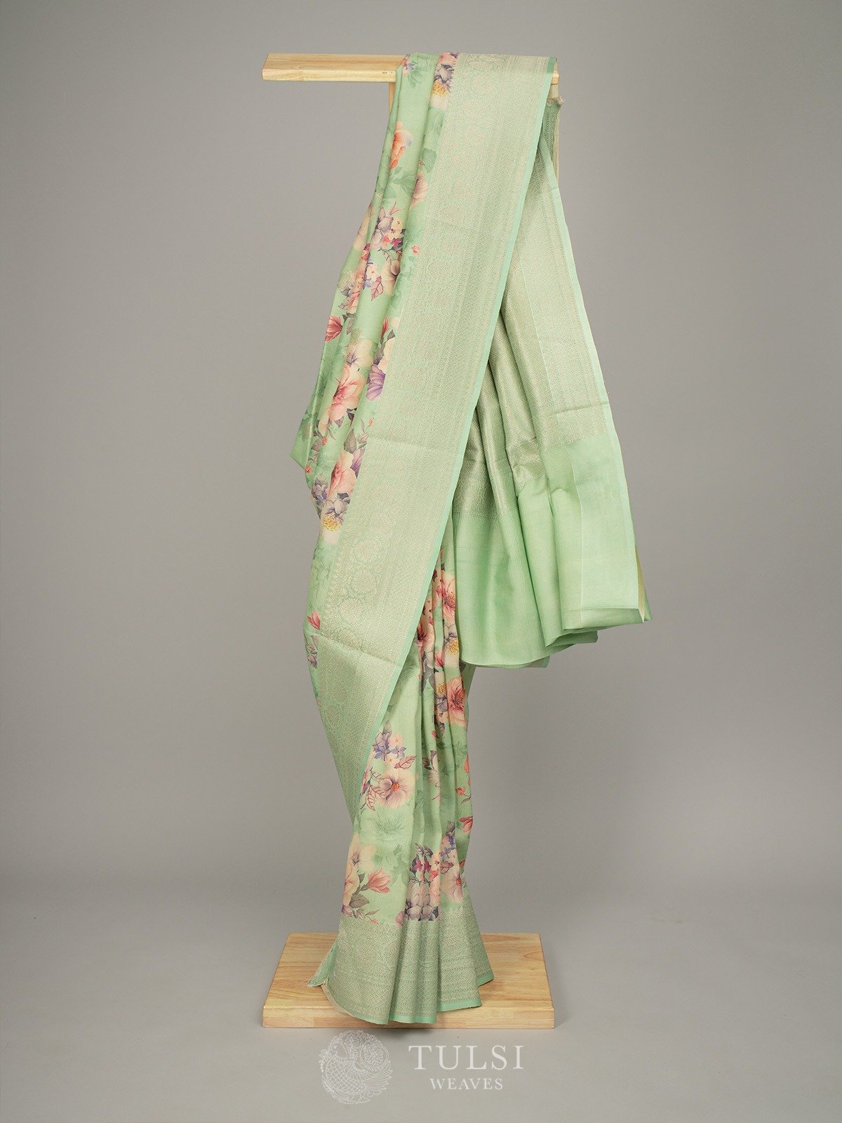 Light Teal Green Tussar Silk Saree With Floral Prints