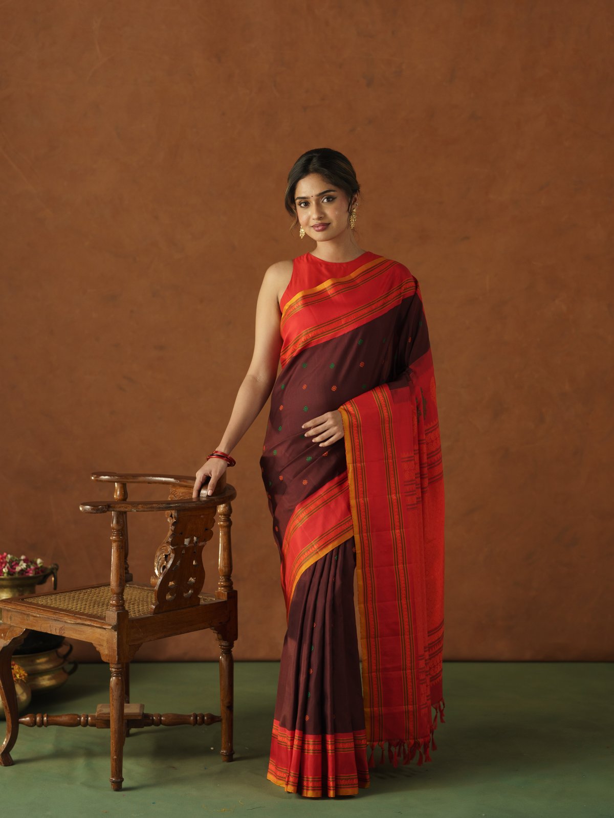Dark Brown Gadwal Silk Saree with Red Border