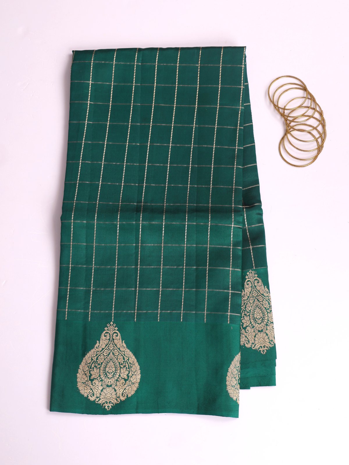 Peacock Green Zari Checked Mashru Silk Saree With Satin Border