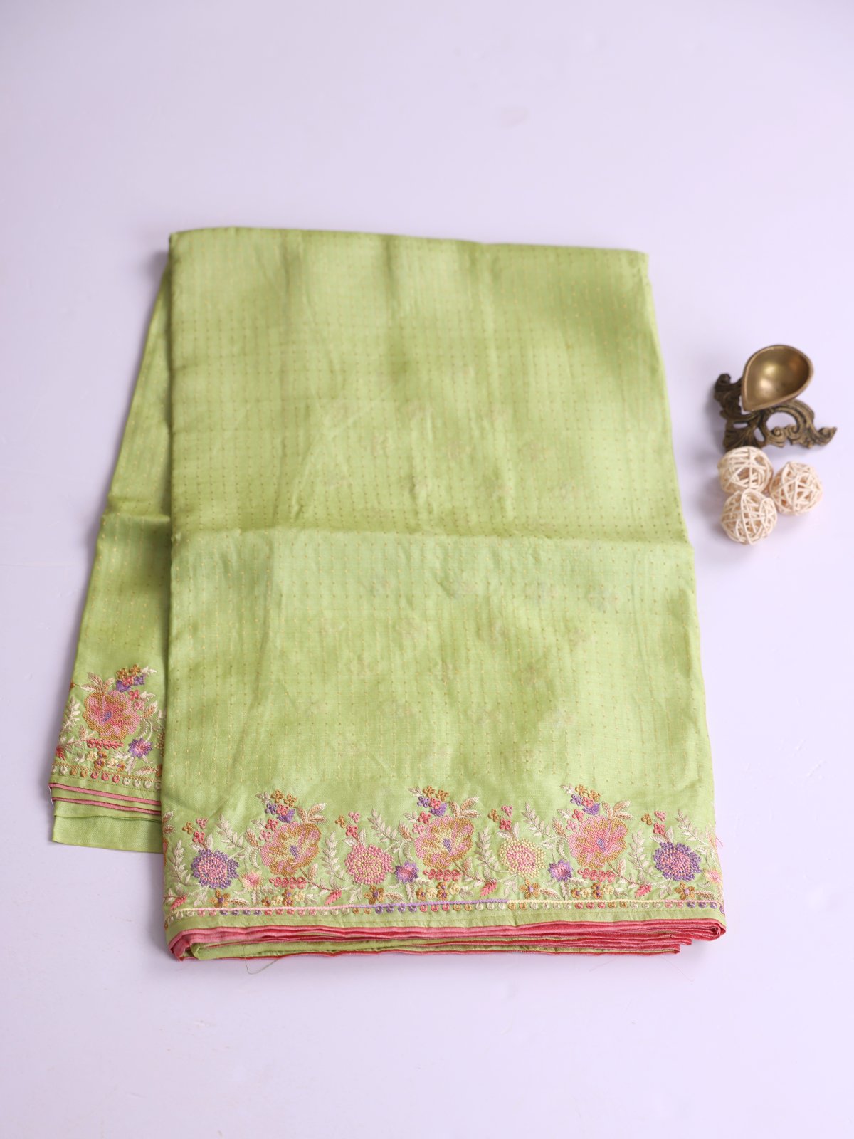 Light Green Tussar Silk Saree With Embroidered Border