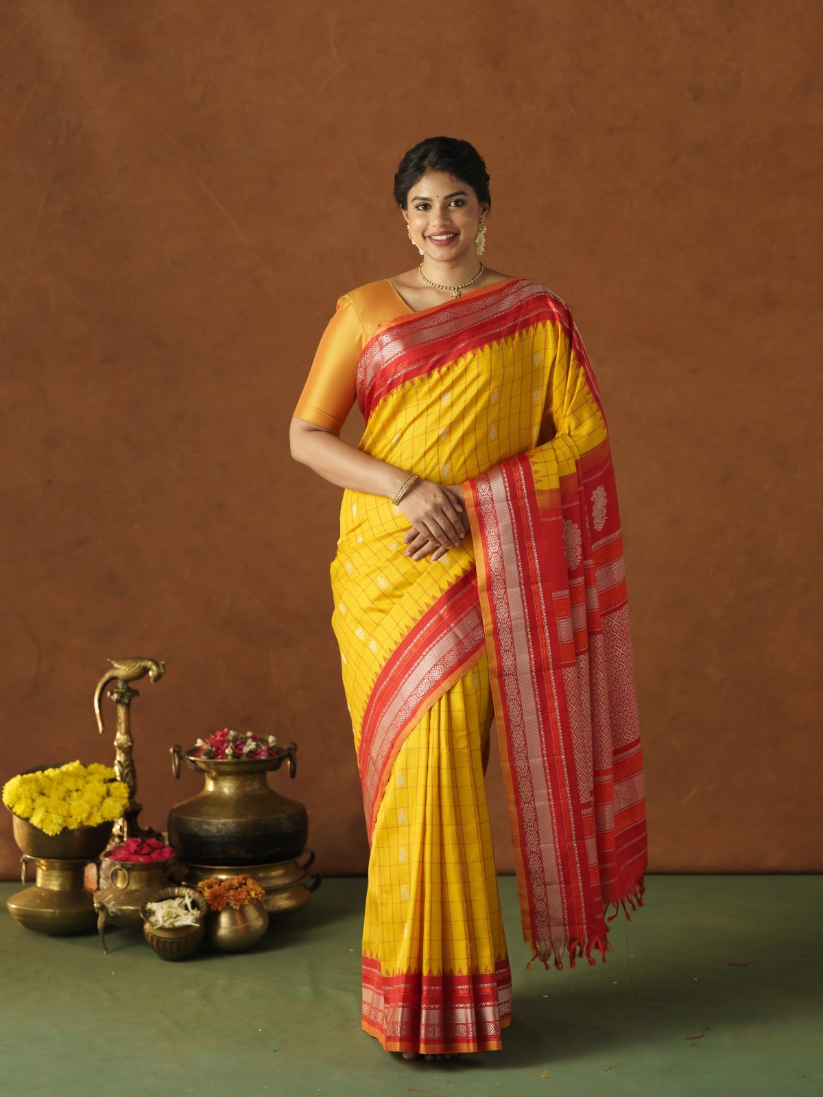 Yellow Checked Gadwal Silk Saree with Red Border
