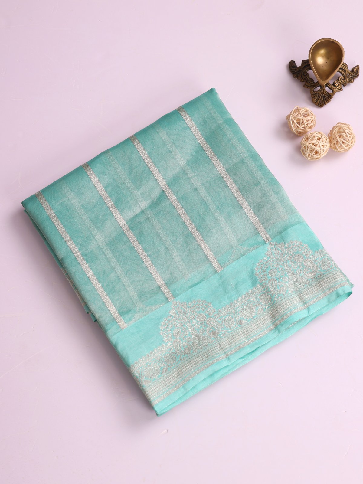 Light Turquoise Blue Zari Striped Tissue Organza Silk Saree With Zari Border