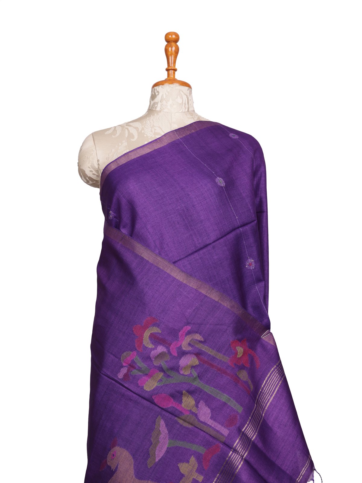 Purple Kora Tussar Silk Saree With Jamdani Pallu 