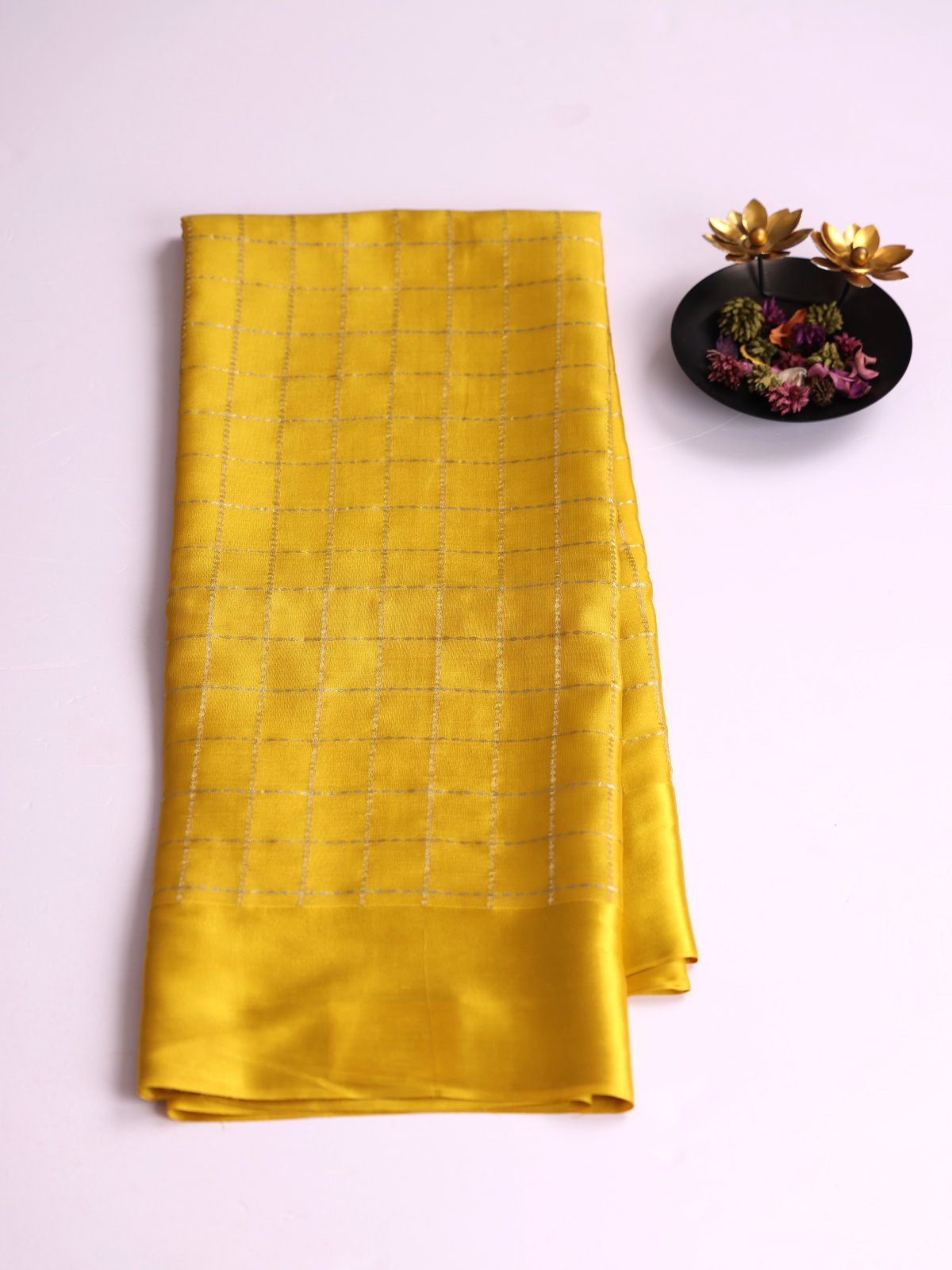 Yellow Zari Checked Mysore Silk Saree With Satin Border