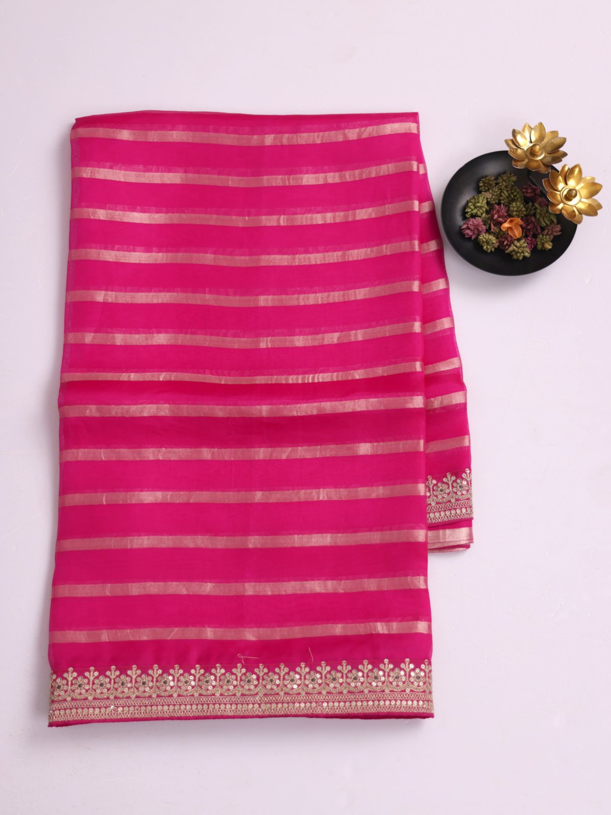 Rani Pink Zari Striped Organza Silk Saree With Embroidered Border