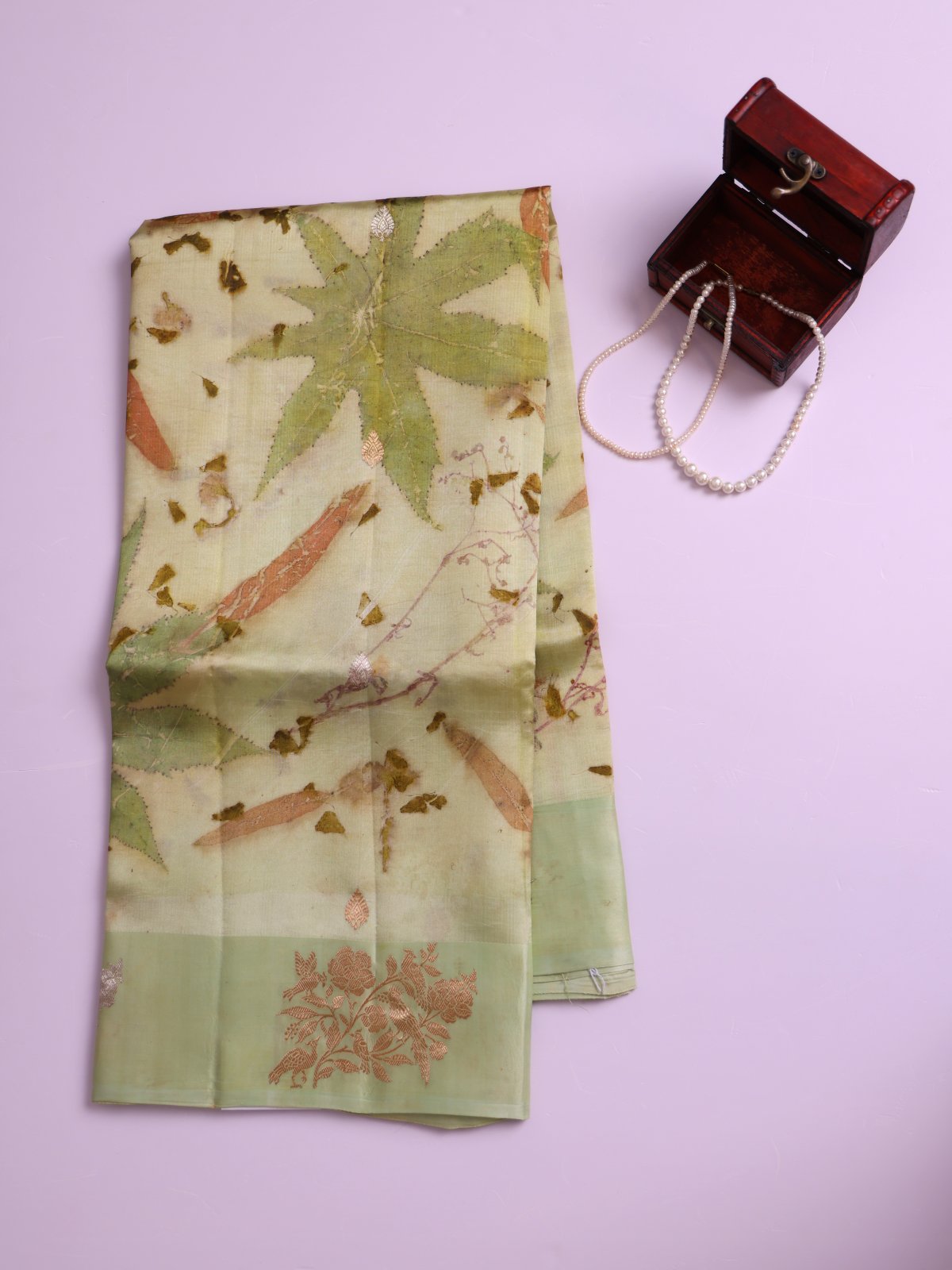 Pastel Green Eco Print Tussar Silk Saree with Self Satin Border