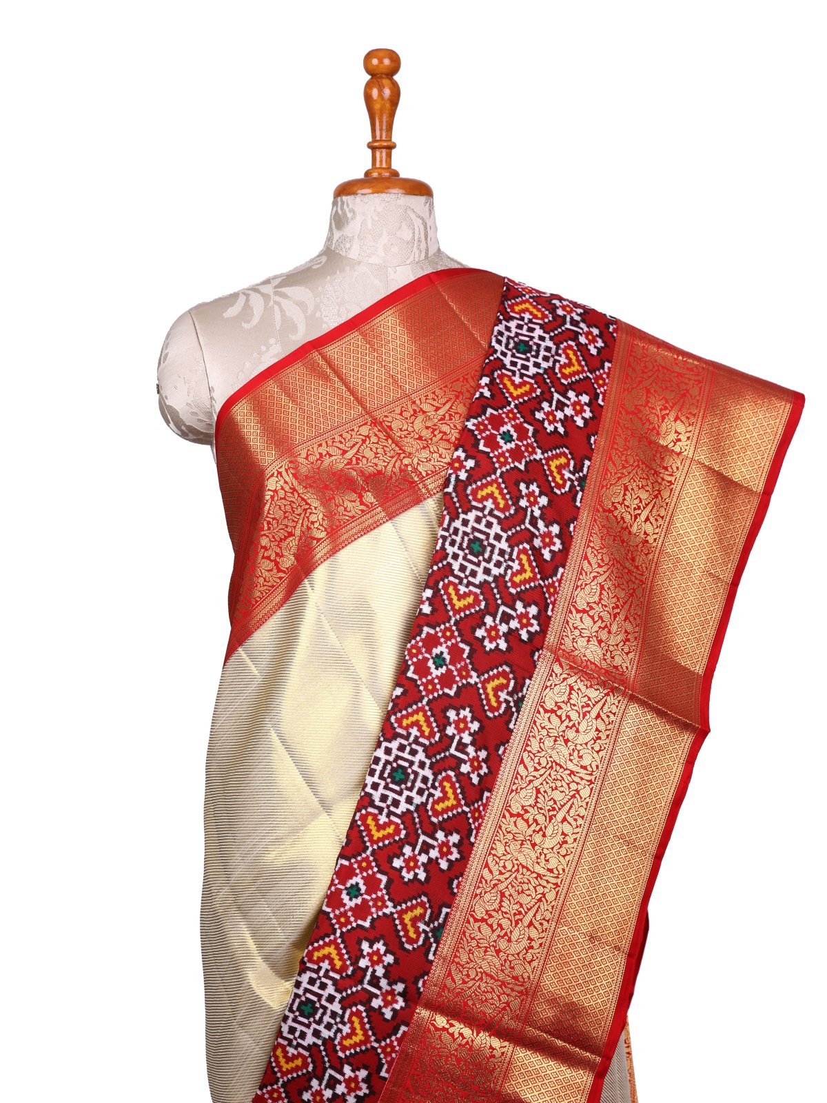 Off- White Zari Brocade Kanjeevaram Silk Saree With Red Patan Patola Border