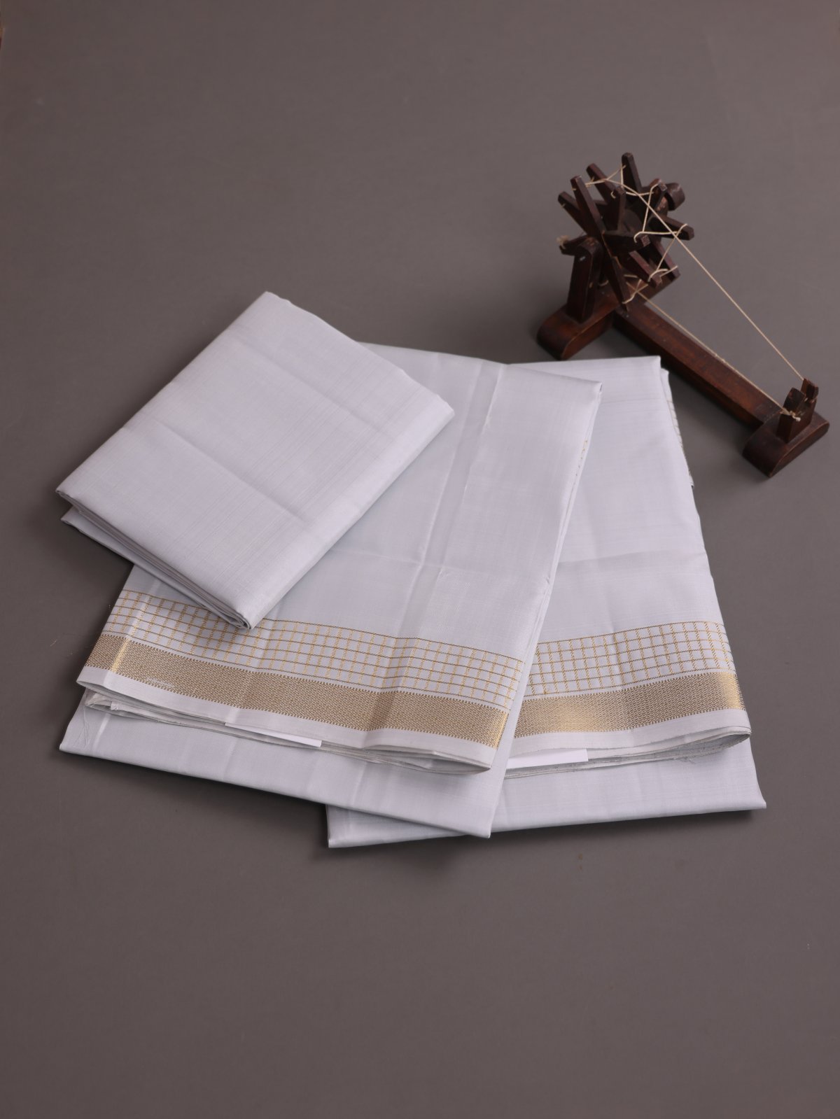 Light Grey Silk Dhoti, Vasthram and Shirt Material With Zari Border