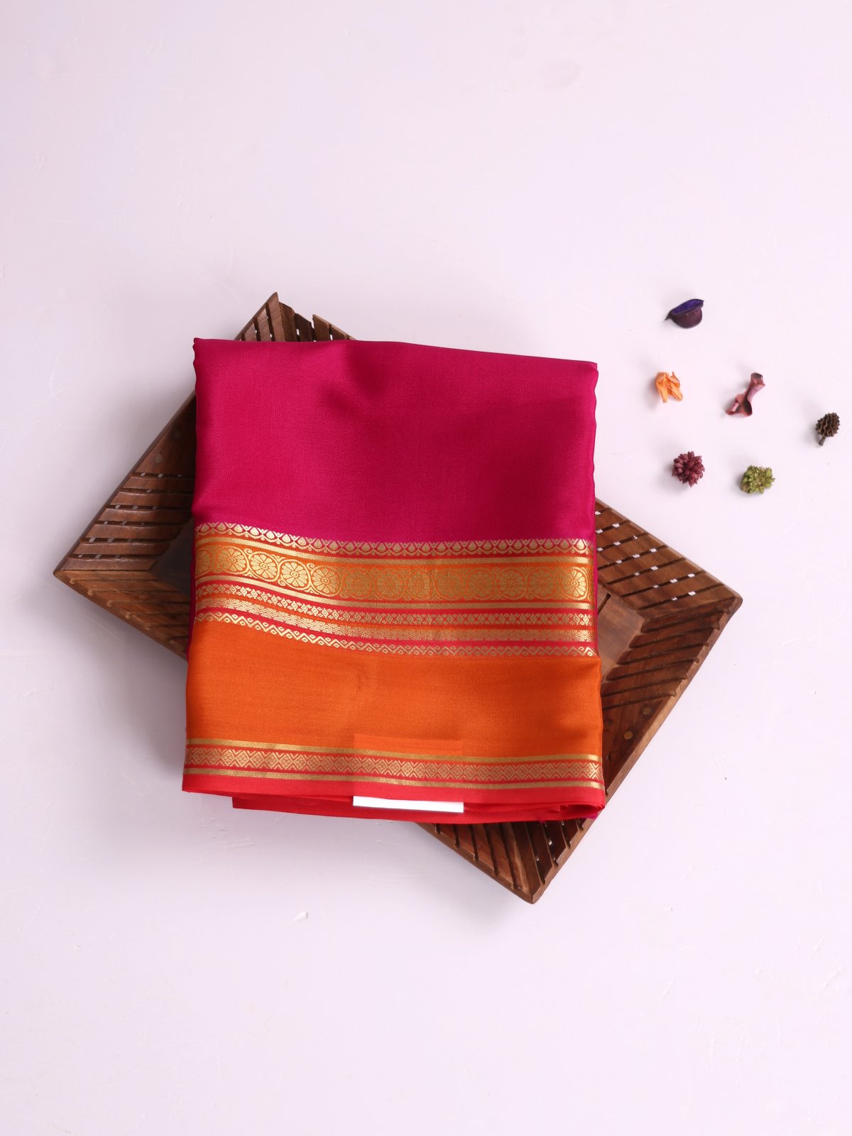 Pink Mysore Silk Saree With Orange Satin Border