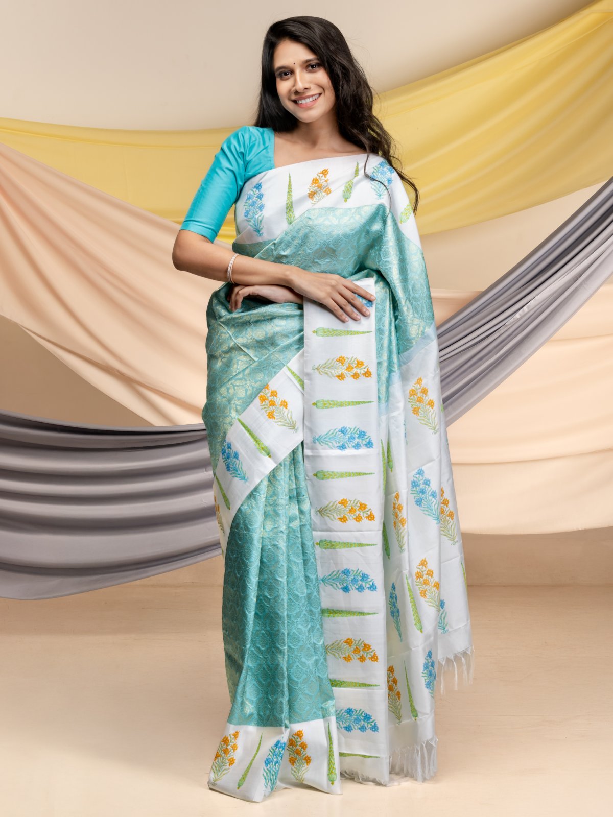 Brocade Blockprint Kanjeevaram Silk Saree with white Border