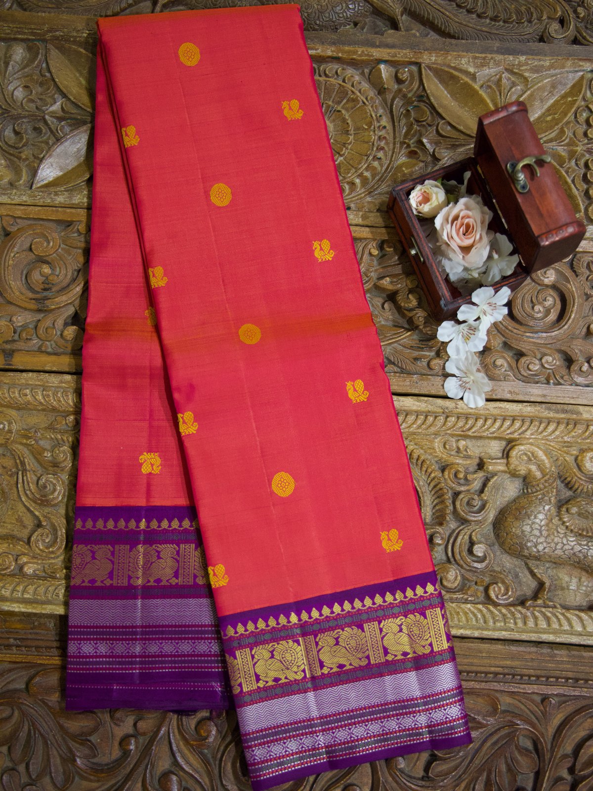 Orangish Pink Pattu Pettu Silk Saree