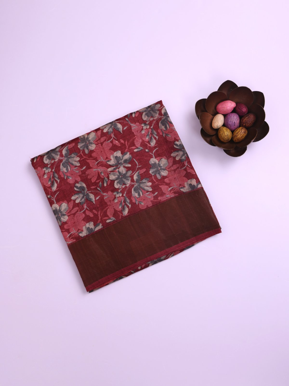 Wine Red Printed Tussar Silk Saree with Deep Brown Border
