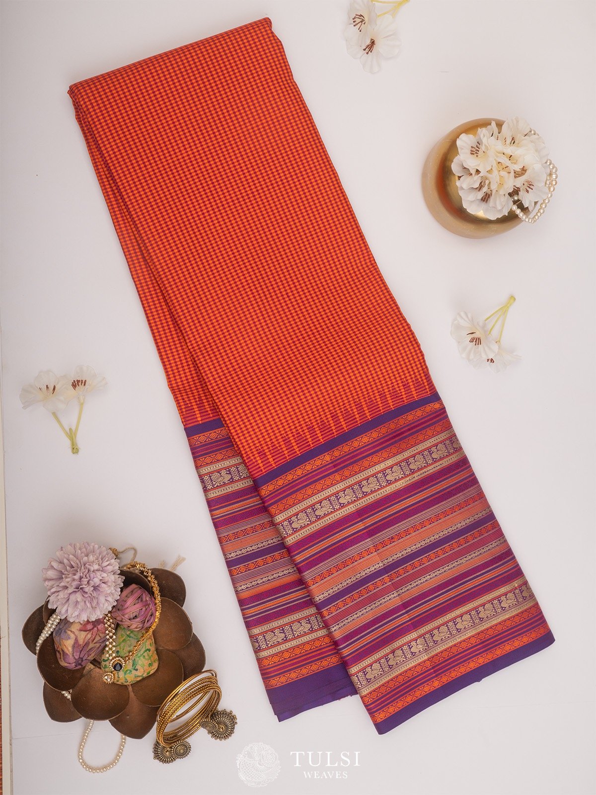 Checkered Orange Pattu Pett Silk Saree